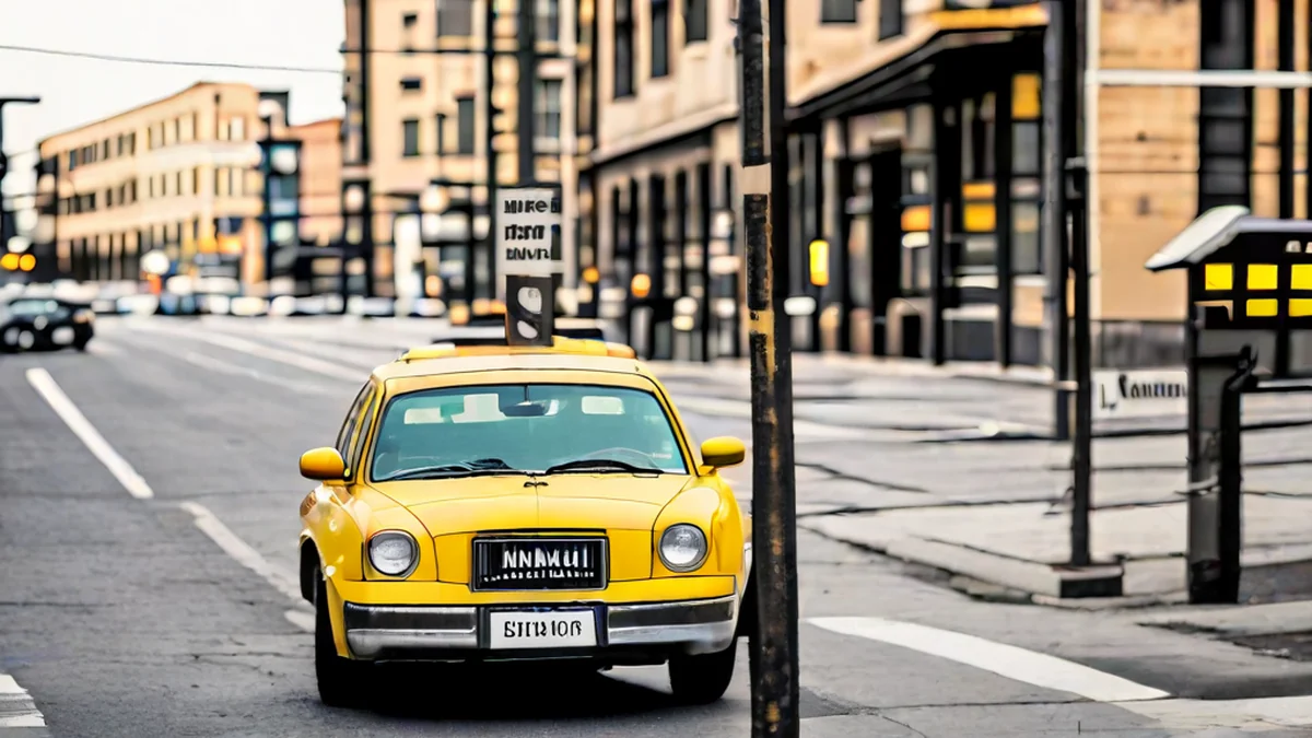 A taxi cab parked at a street corner with a red and white logo.
