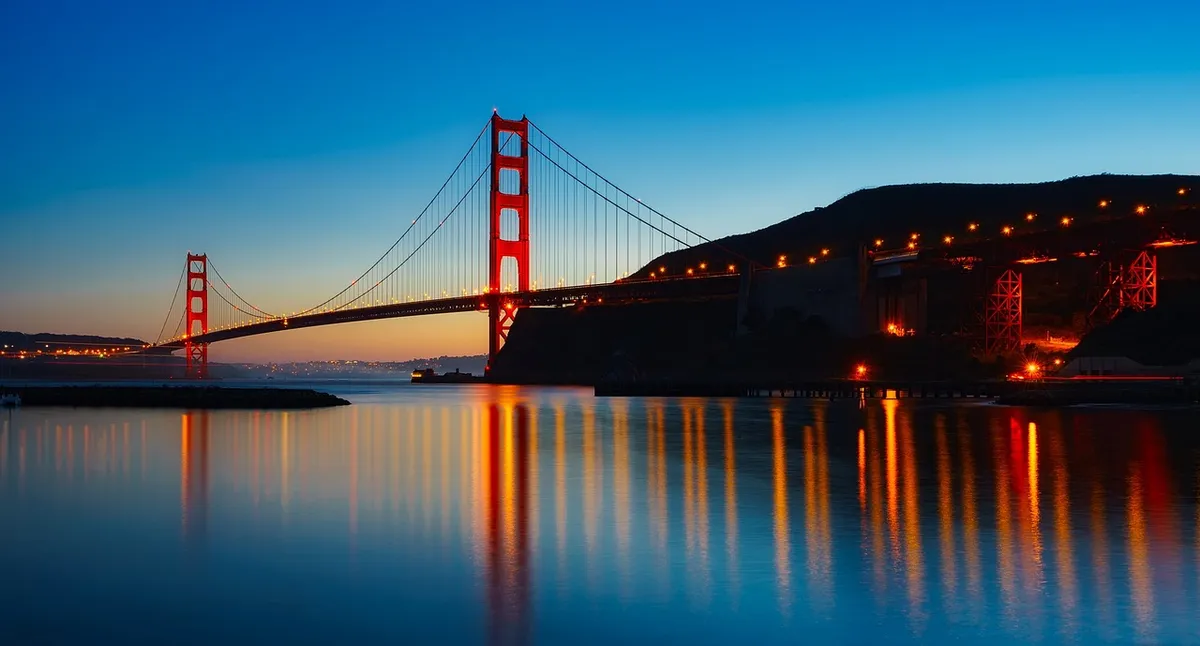 panorama, golden gate bridge, san francisco bay, suspensio bridge, infrastructure, bridge, famous, places of interest, illuminated, reflection, water reflection