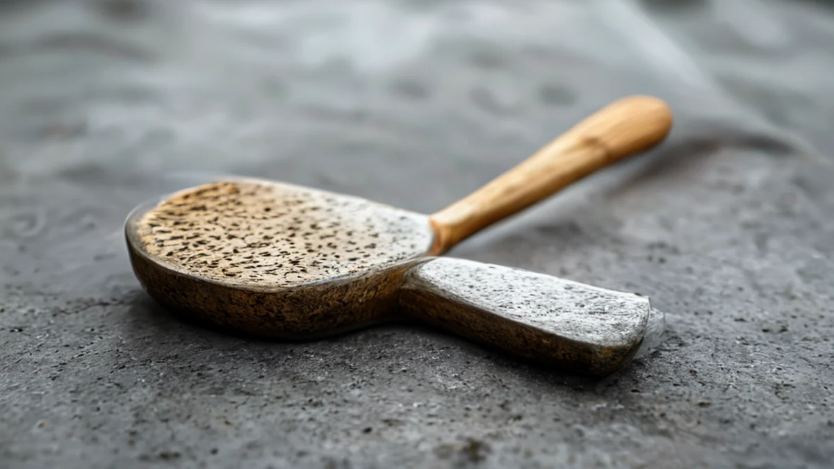 Maniglia in legno, testa metallica, superficie texturizzata, centrata su una superficie di calcestrio sotto luce nuvola, profondità di campo bassa, fotorealistica, focus netto, dettagli alti