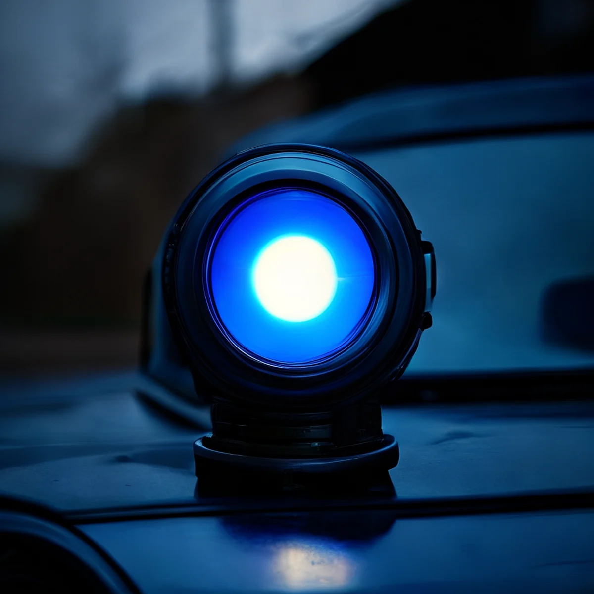 Een blauwe politie-sirene-lamp met een stabiel licht.